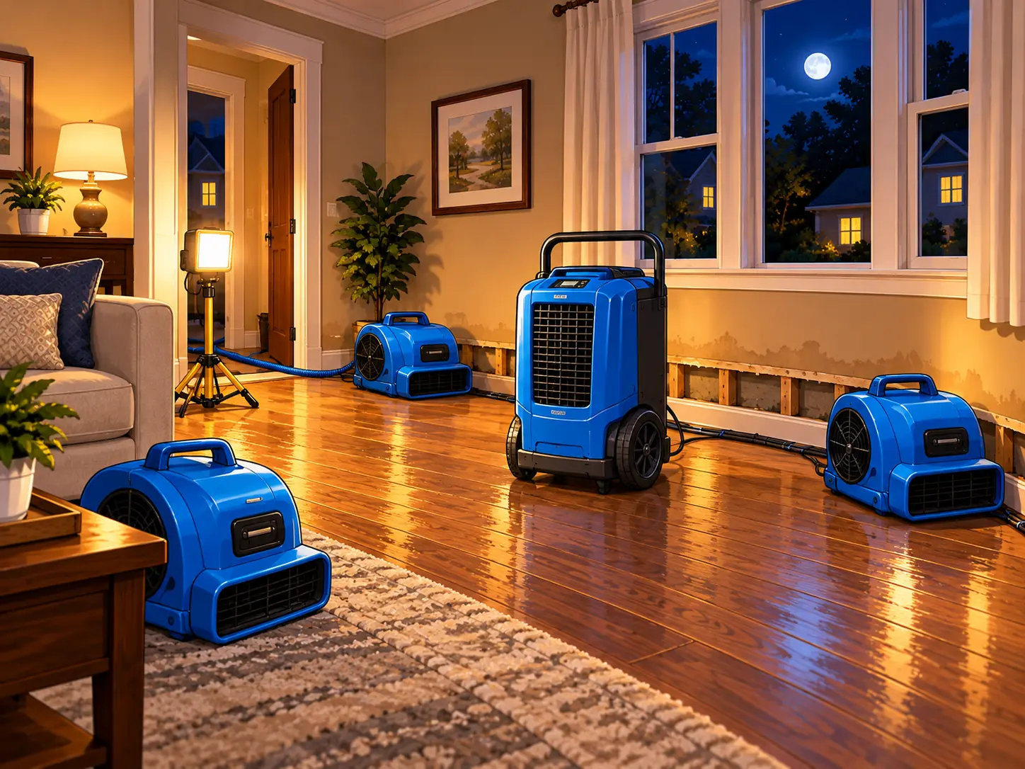 Air movers and a dehumidifier placed to a drying plan in a living room
