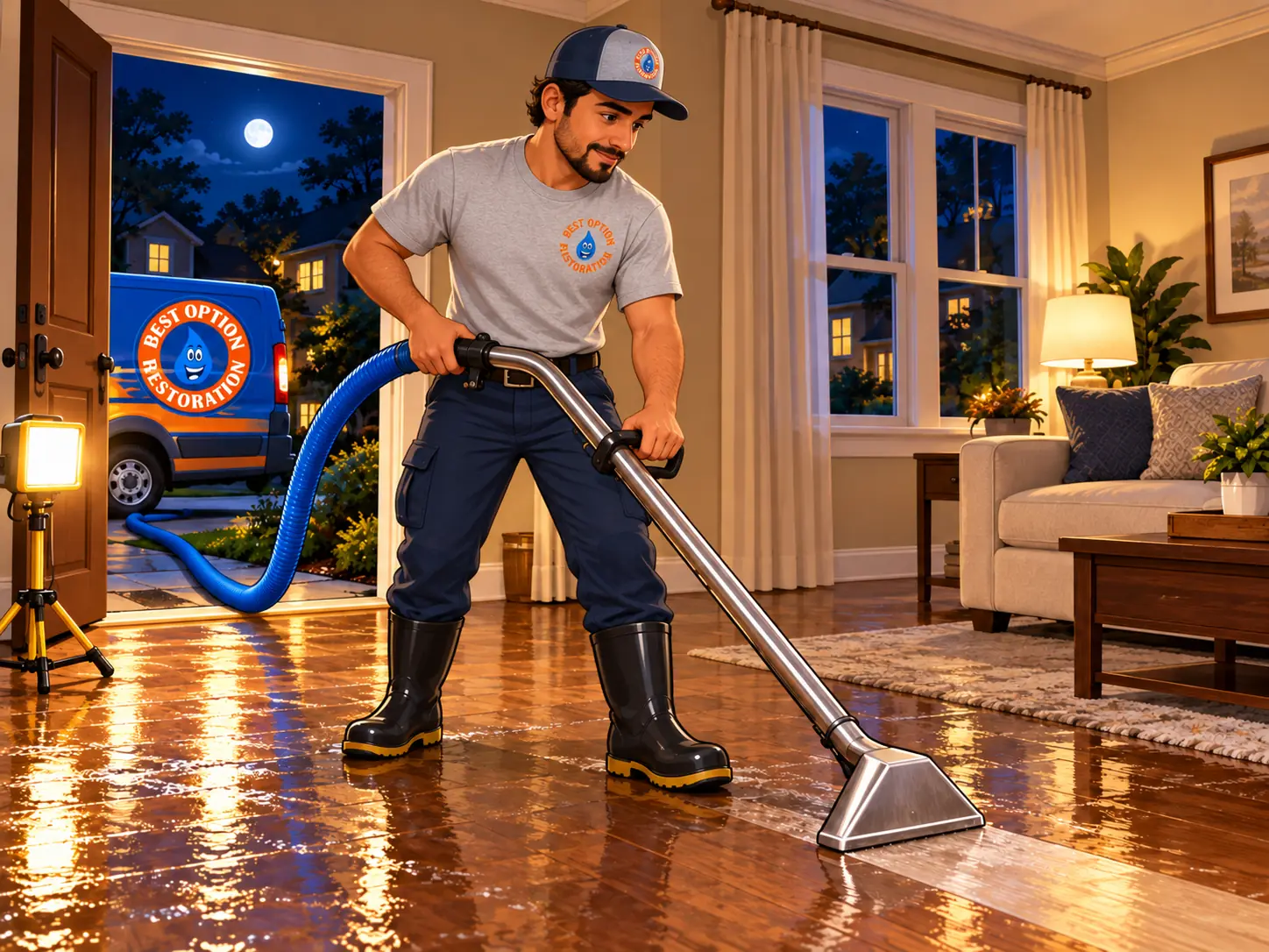 Technician extracting standing water from a hardwood floor at night