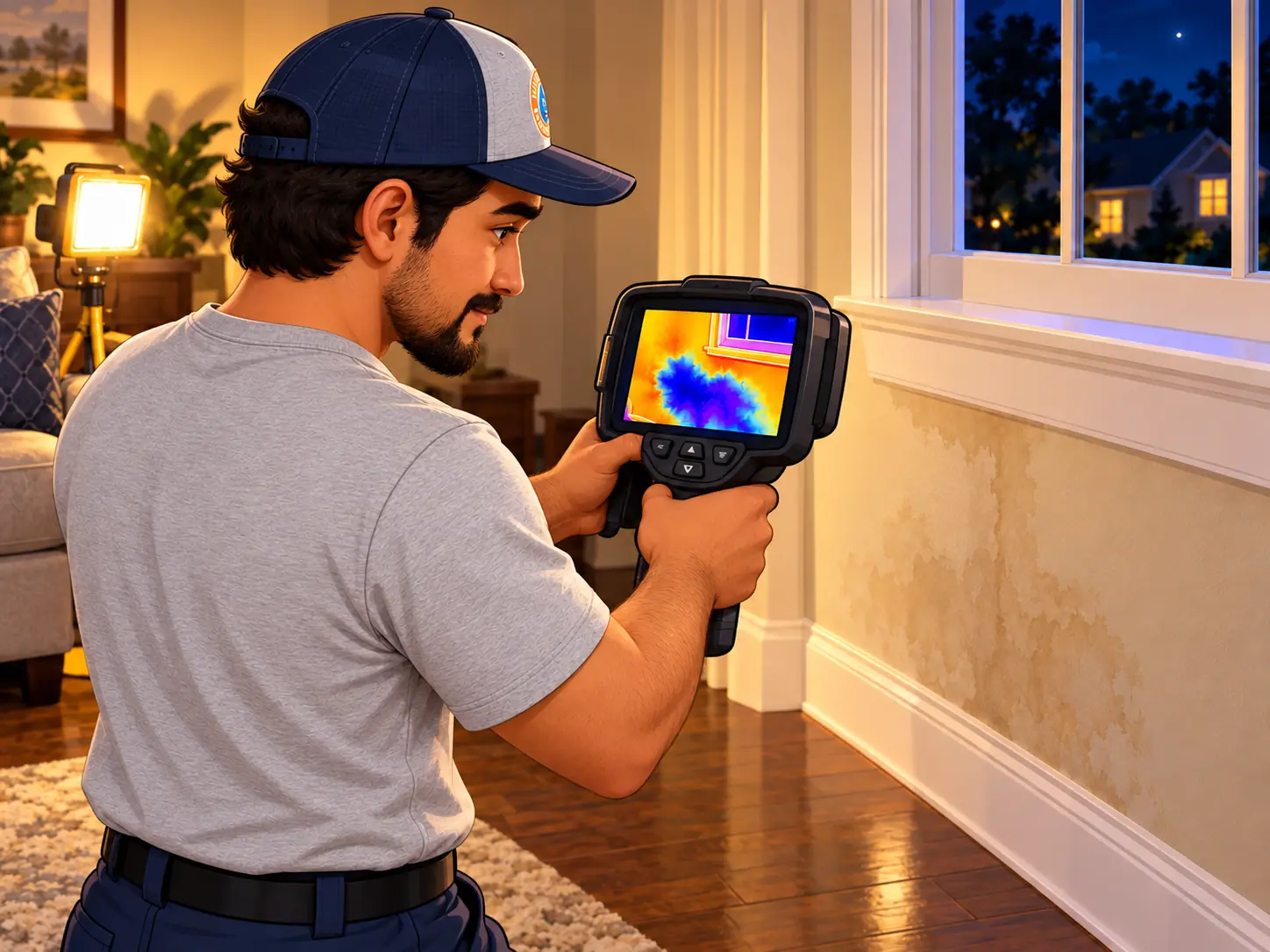 Technician scanning a wall with a thermal imaging camera for hidden moisture