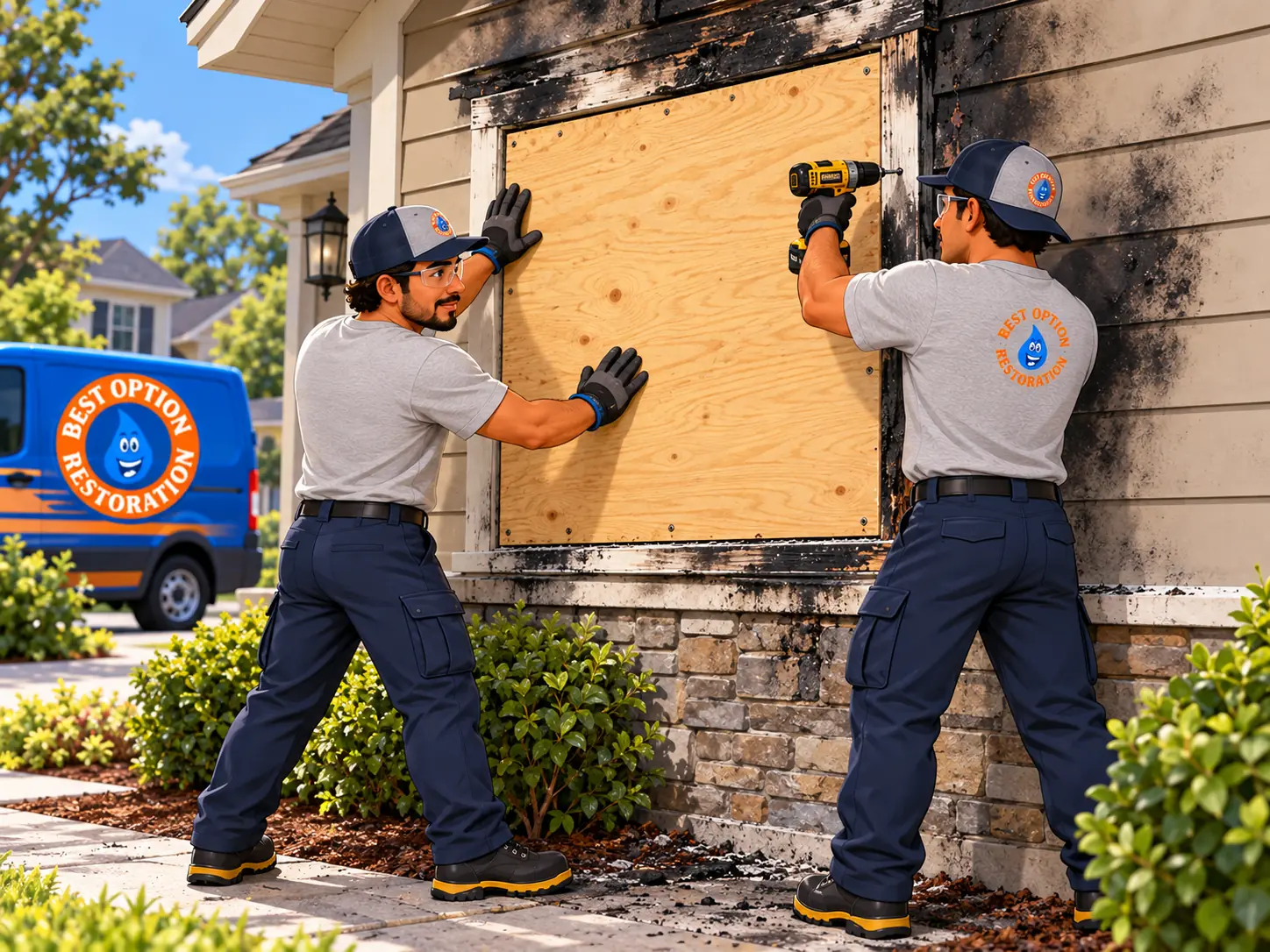 Two technicians boarding up a fire-damaged window