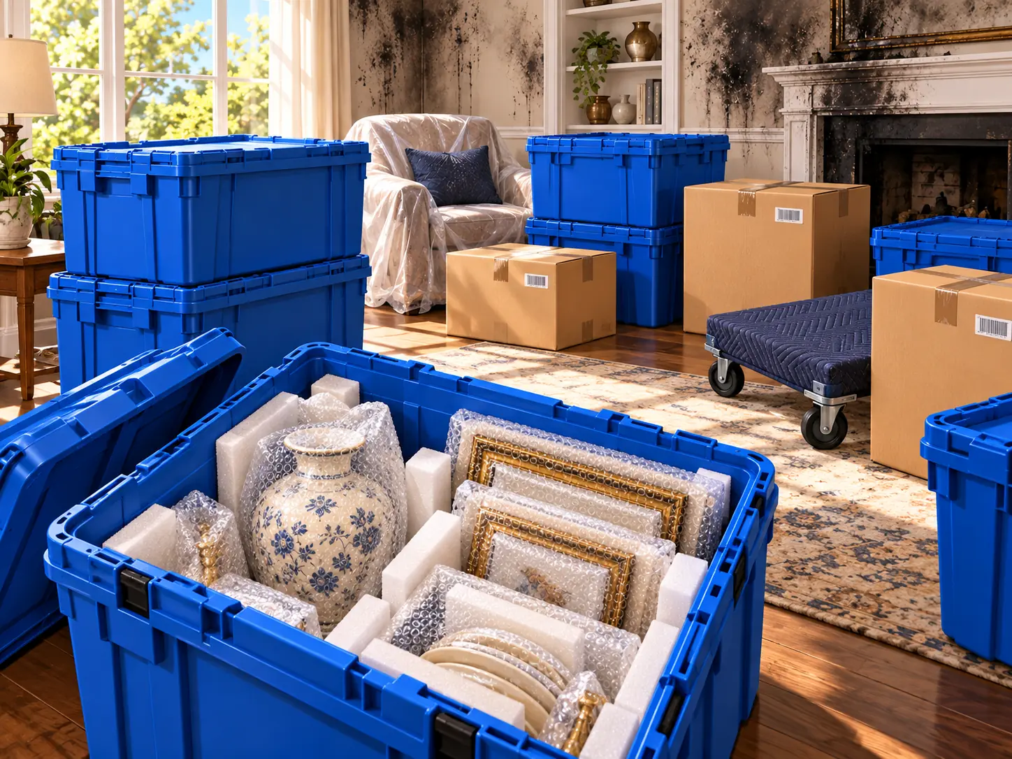 Wrapped belongings packed into crates during a contents pack-out