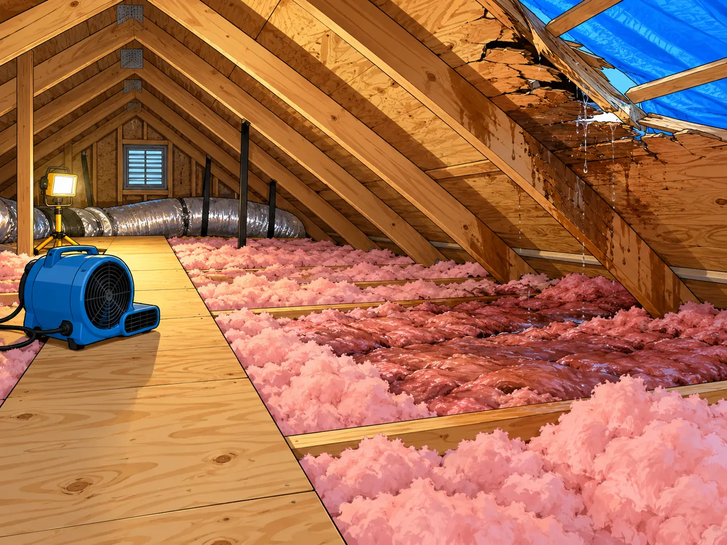 Wet attic insulation under a damaged roof deck