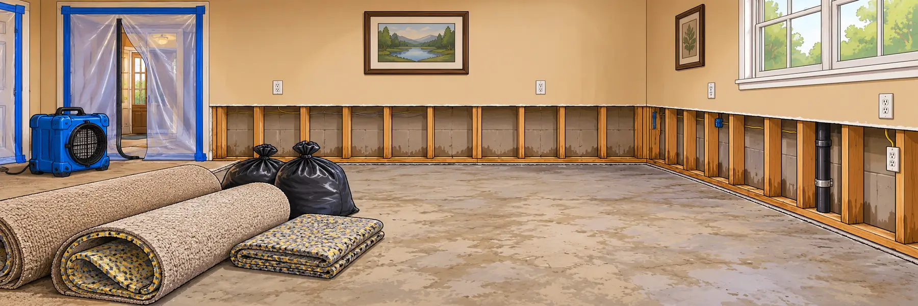 Flood-cut drywall with exposed studs, carpet and pad removed, containment and air scrubber at the doorway
