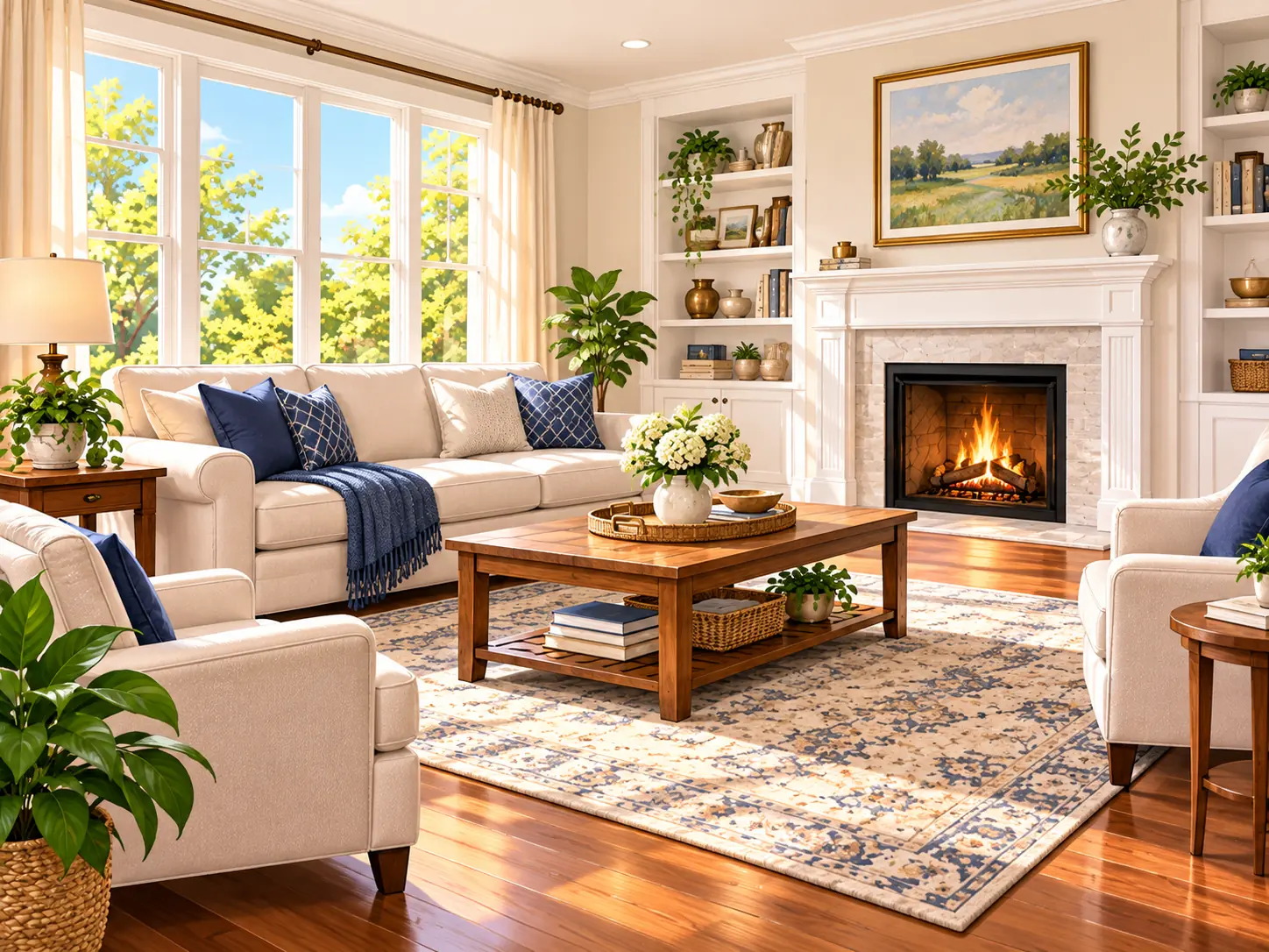 Fully restored sunlit living room after fire restoration