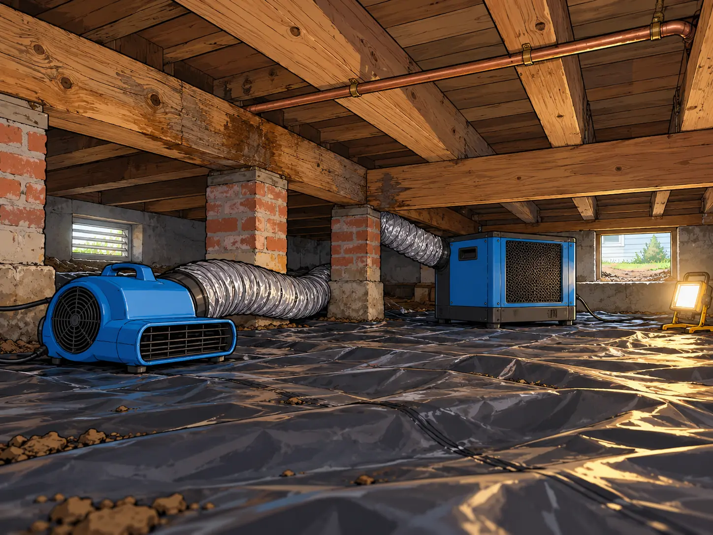 Crawl space under a historic home with drying equipment
