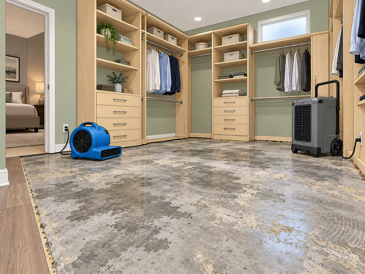 Closet floor with flooring removed and drying equipment