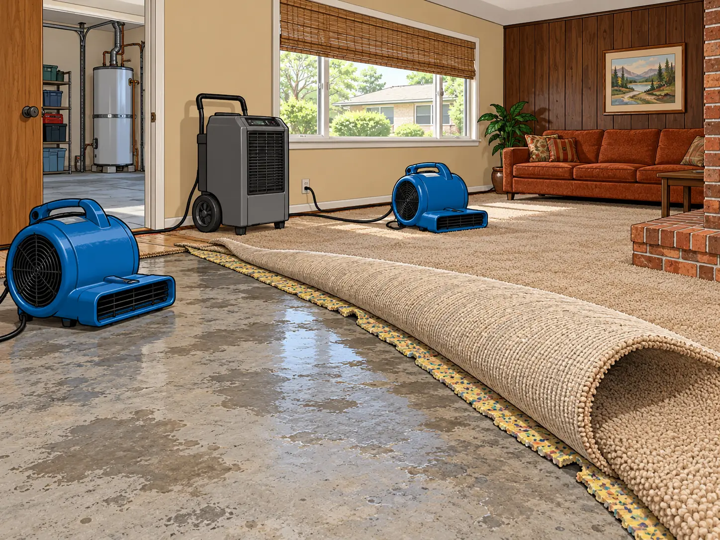 Den floor with carpet pulled back and air movers