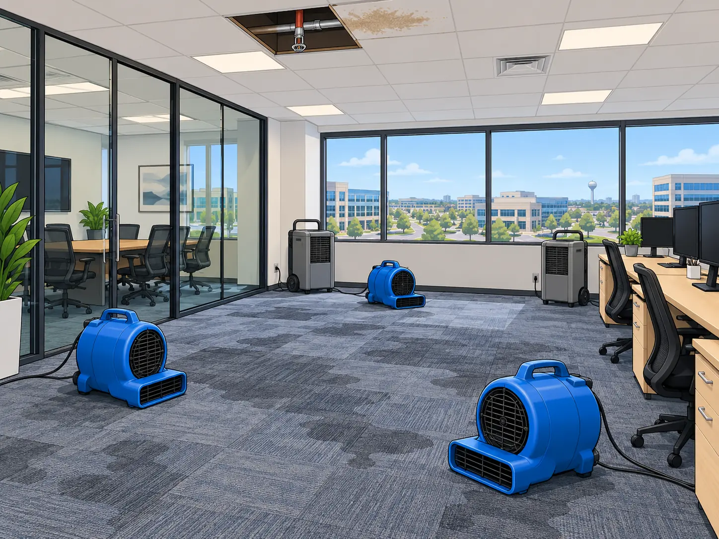 Commercial office with dehumidifiers and air movers