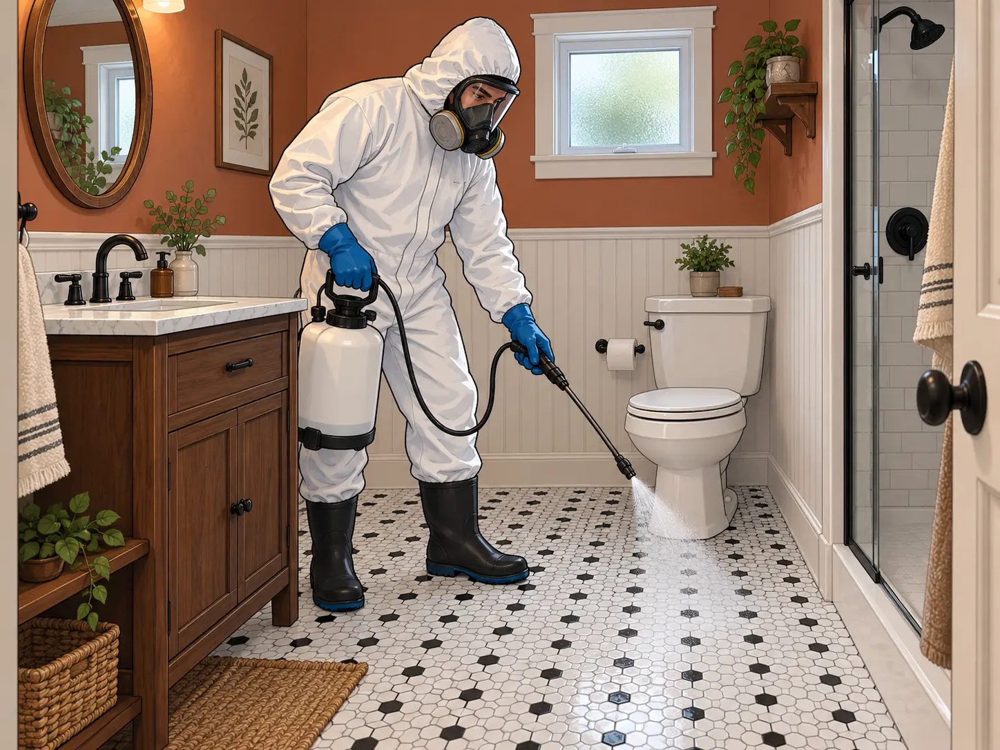 Technician in protective suit disinfecting a bathroom floor