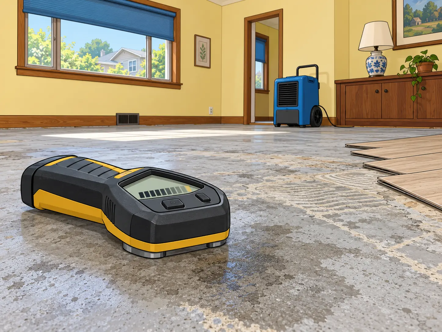 Moisture meter reading on a concrete slab