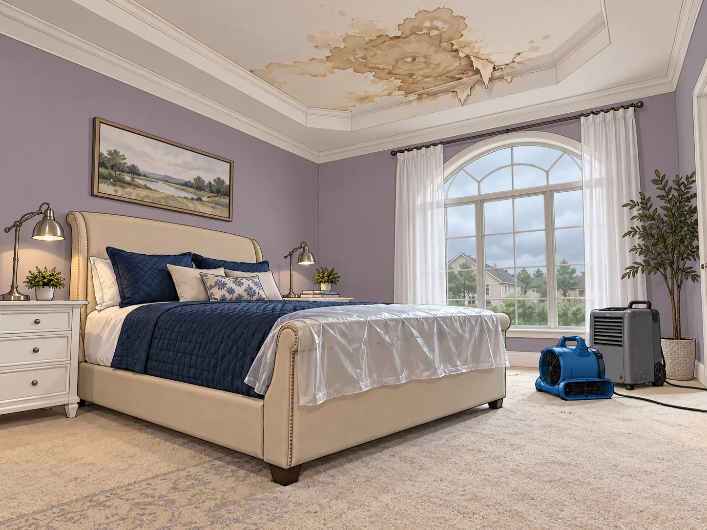Bedroom ceiling water damage after a windstorm