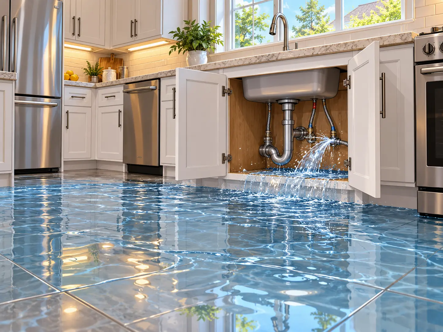 Kitchen floor flooded by a burst supply line under the sink