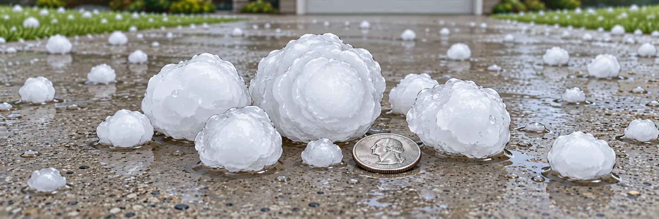 Large hailstones beside a quarter for scale on a wet concrete driveway