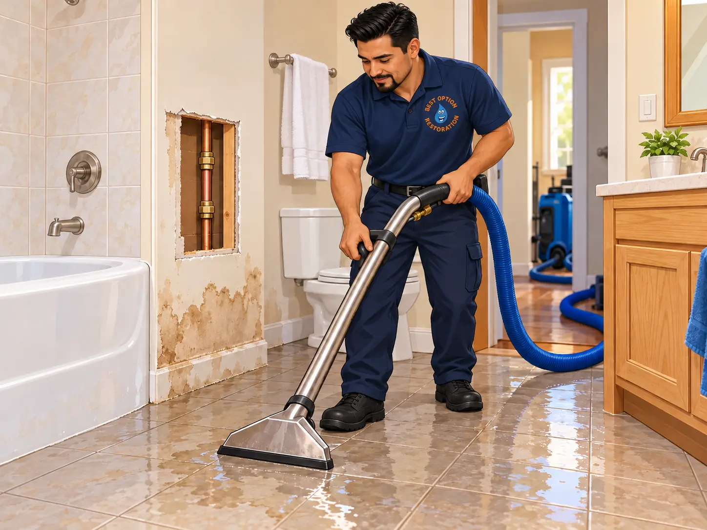Technician extracting water from a bathroom floor after a burst supply line