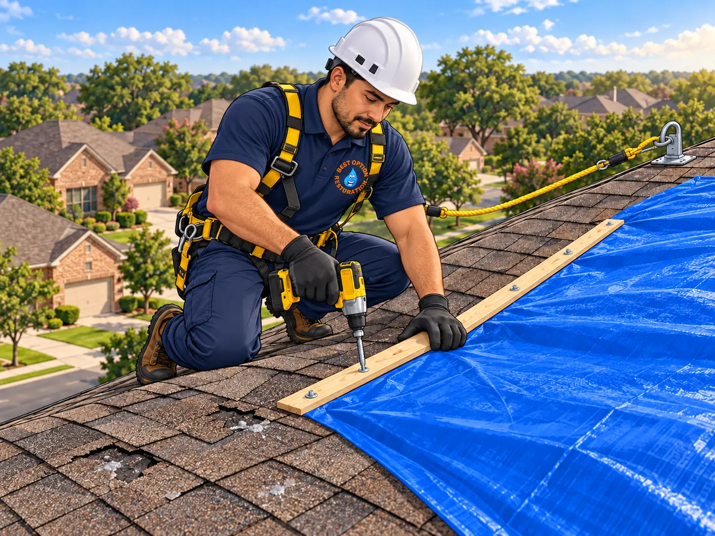 Crew member securing a tarp over a hail-damaged roof
