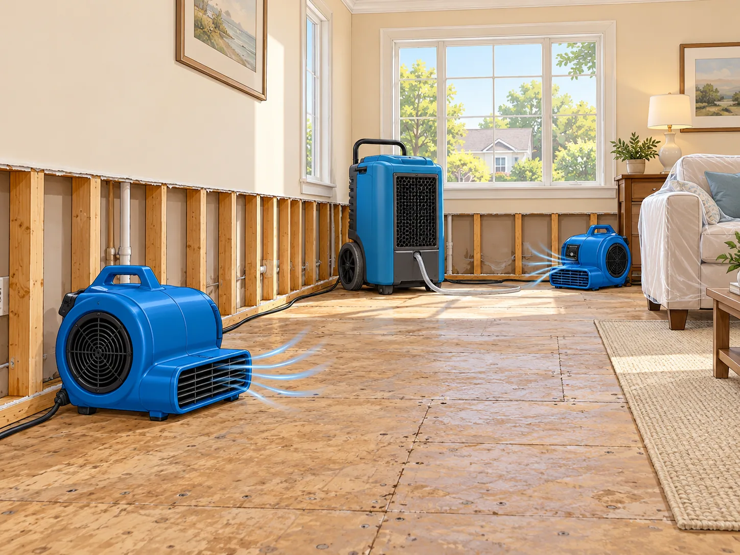 Air movers and a dehumidifier drying a living room after flood cuts