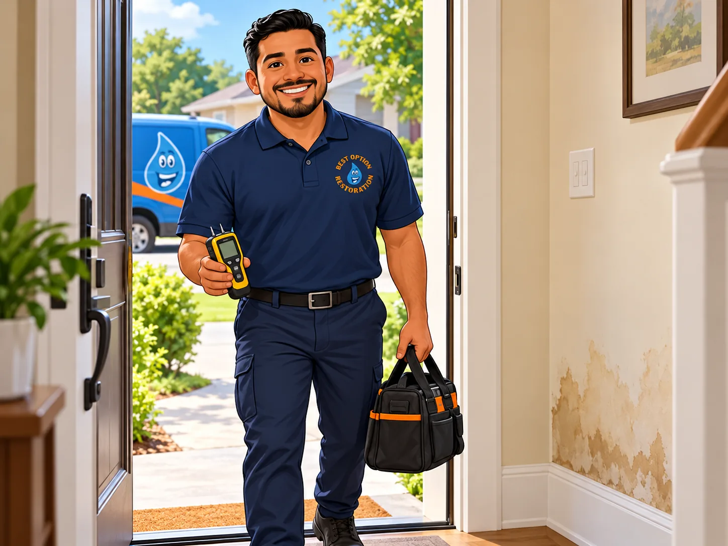 Technician arriving at the front door with a moisture meter