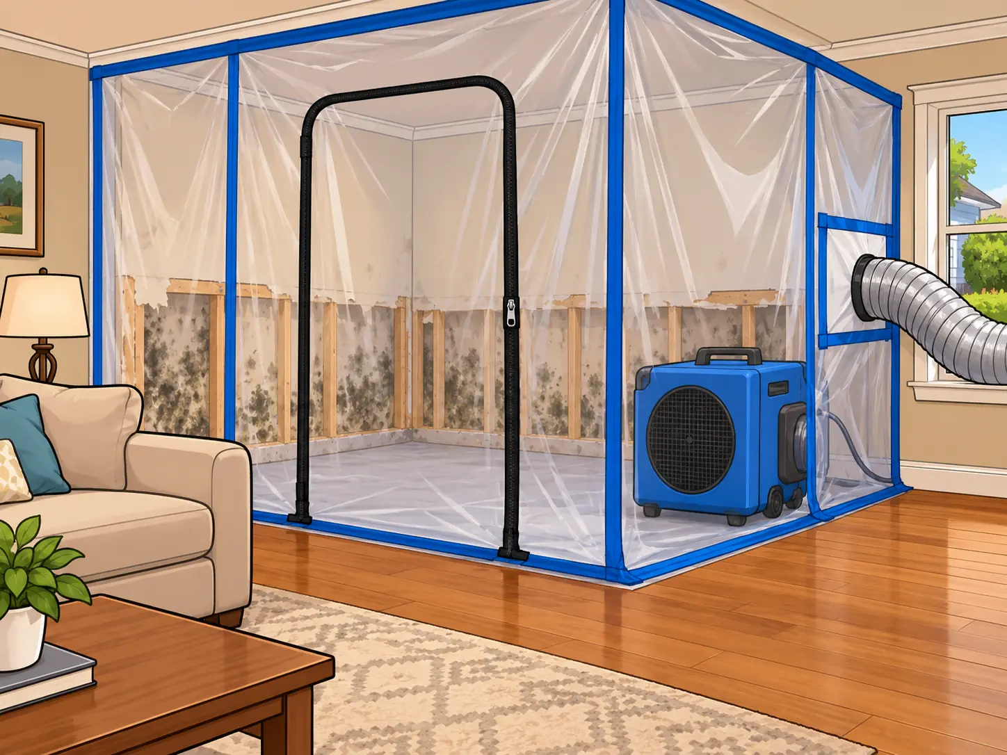Sealed plastic containment with a zip door and negative air machine around a moldy wall