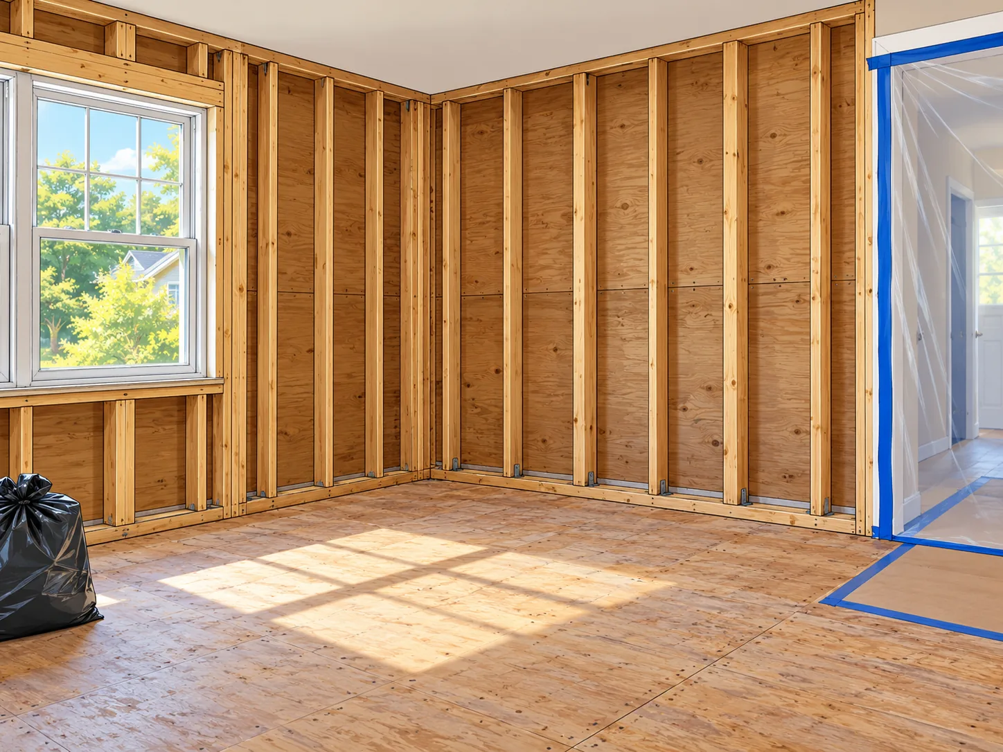 Cleared, clean framing after mold removal
