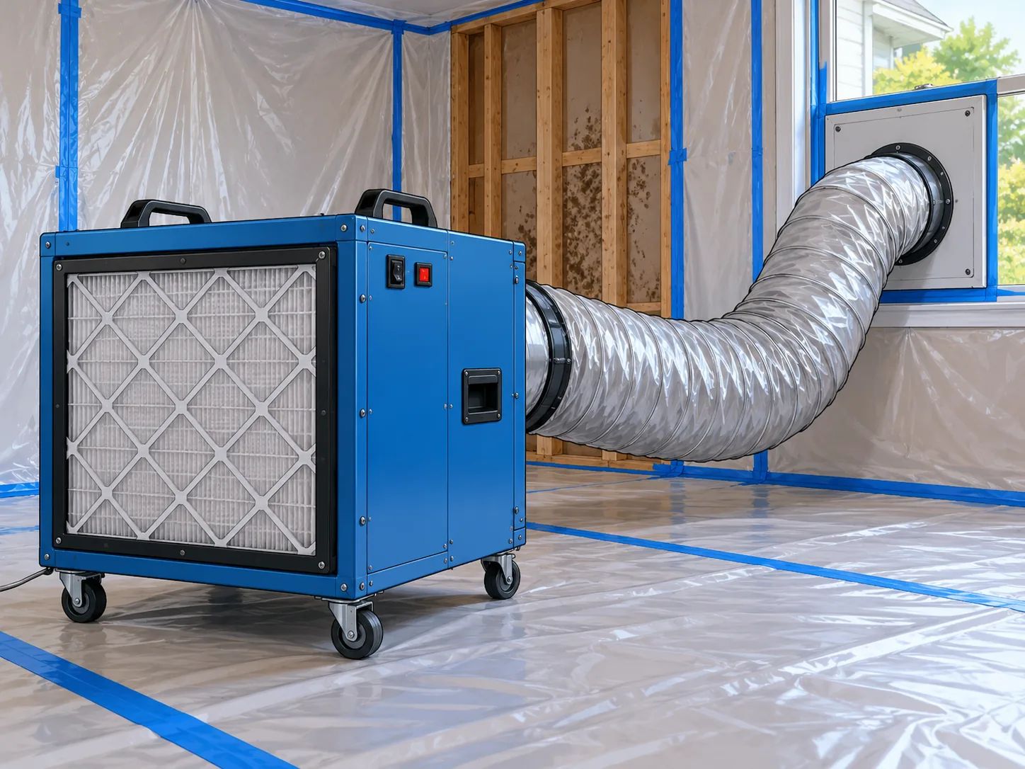 HEPA negative air machine with ducting vented outside