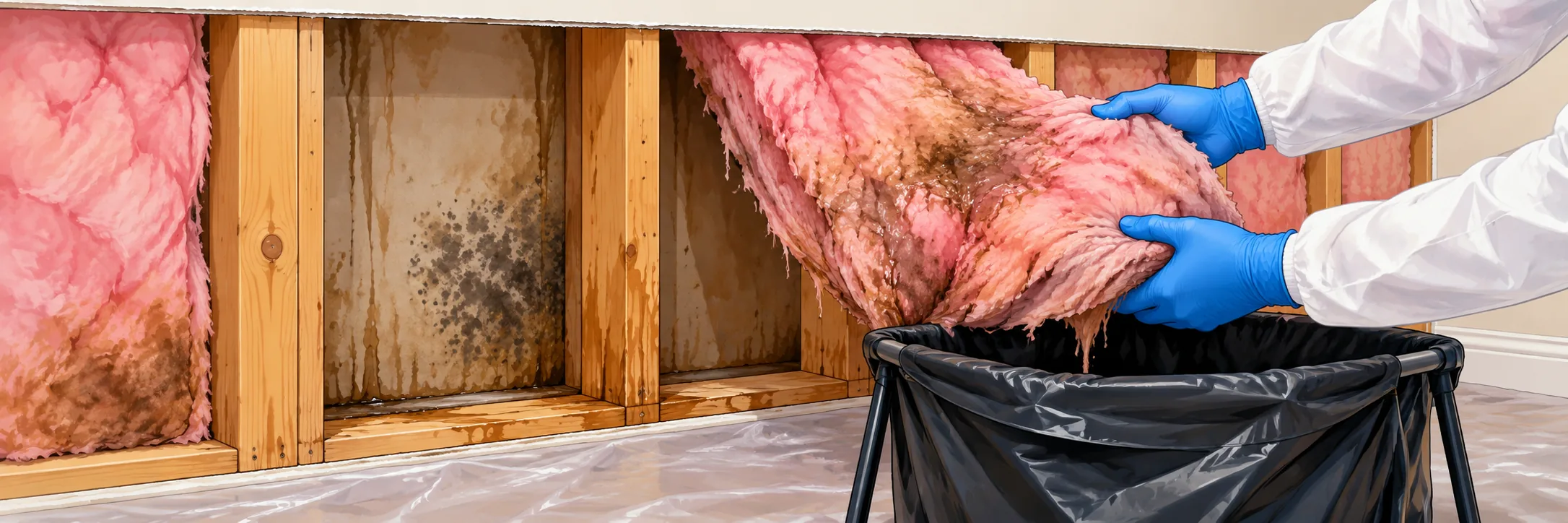 Wet, moldy insulation being pulled from an opened wall cavity