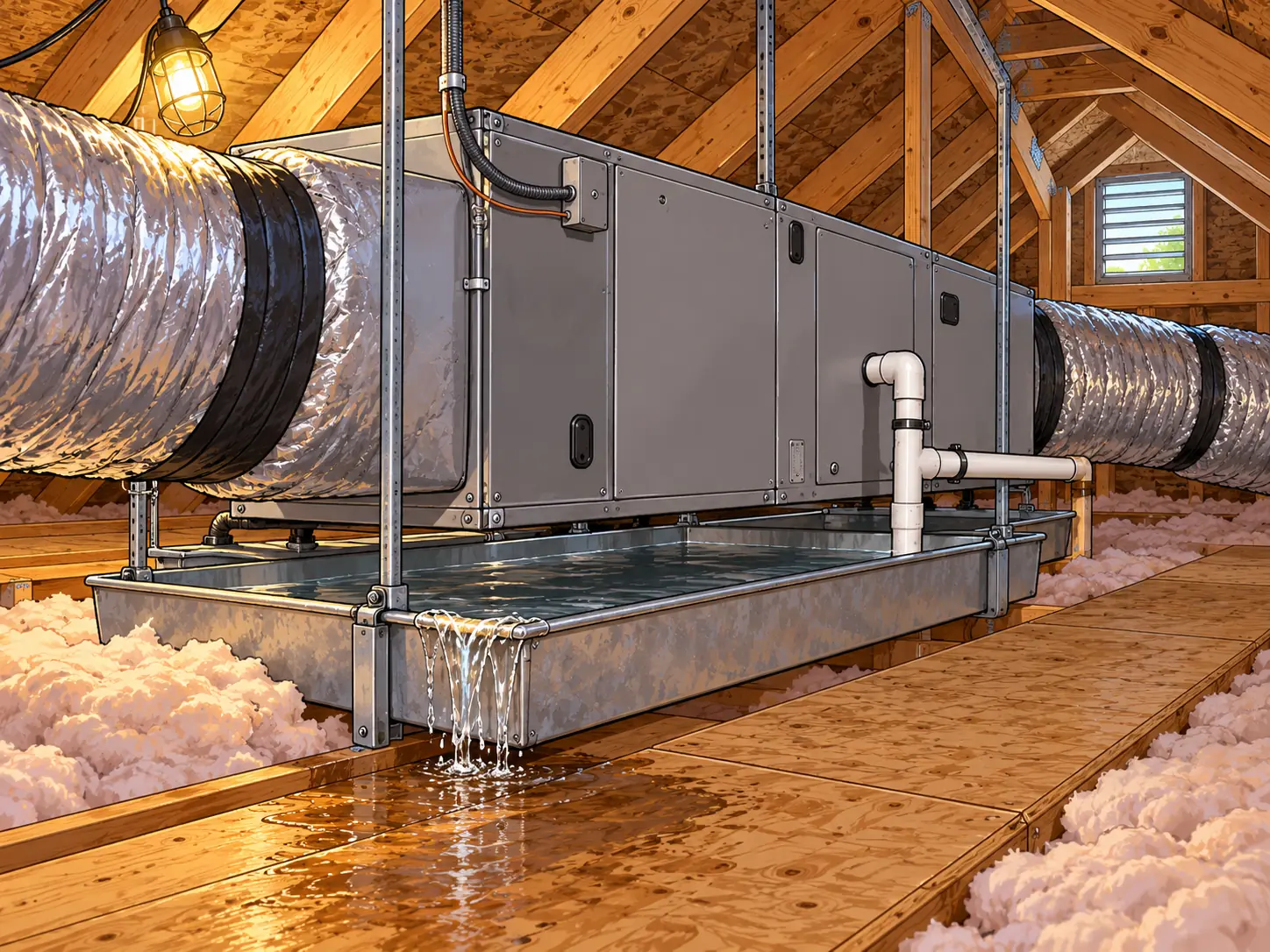 Attic air handler with an overflowing drain pan