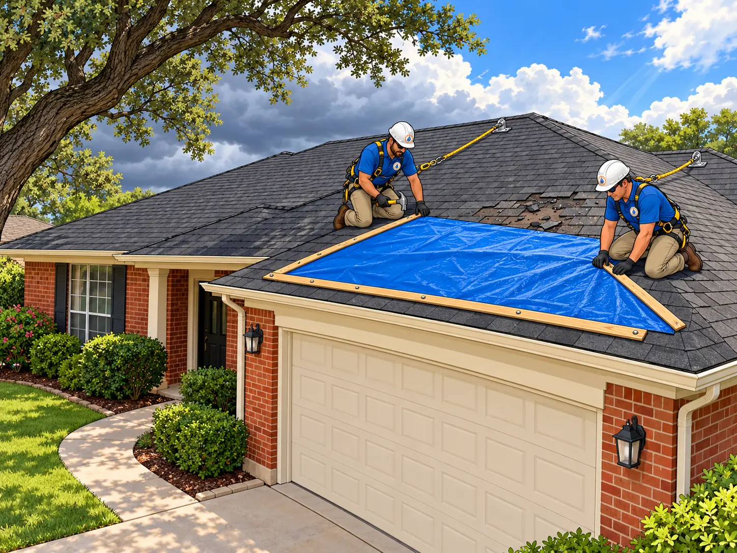 Crew tarping a hail-damaged roof