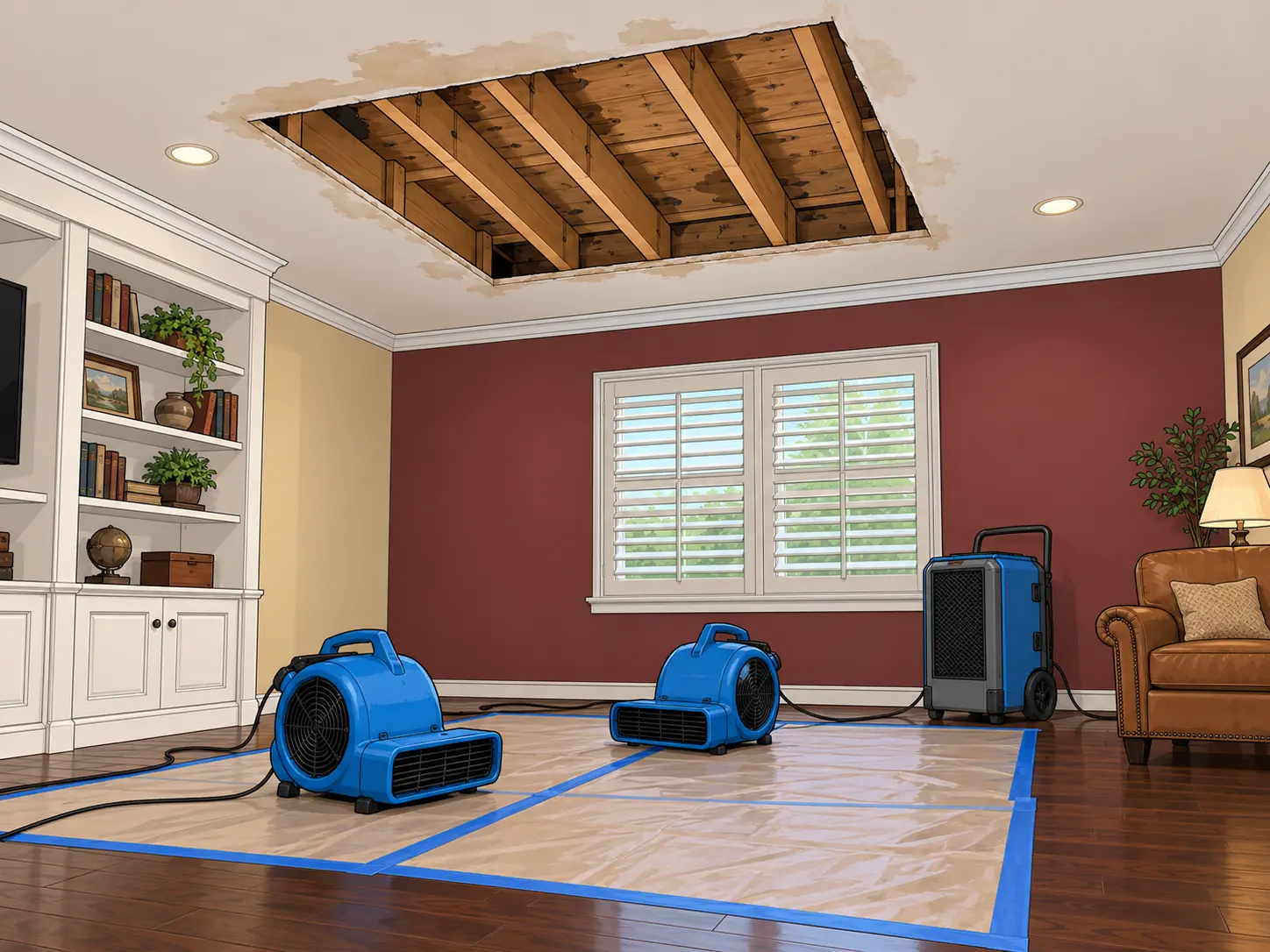 Ceiling flood cut with air movers in a downstairs room