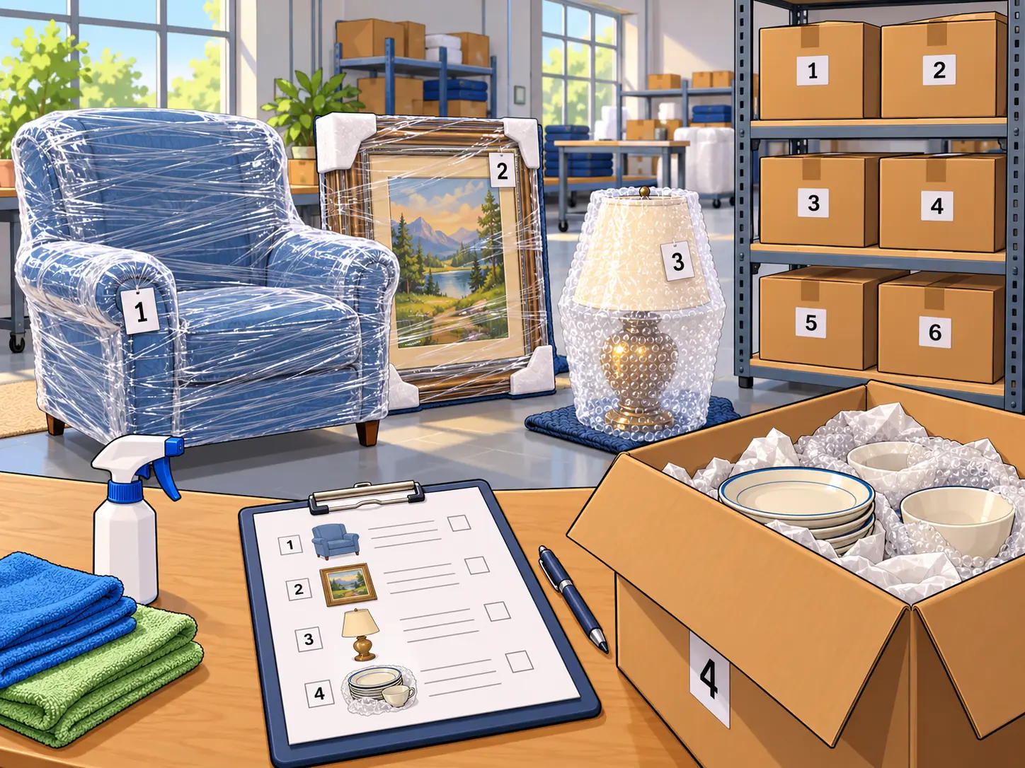 Wrapped and numbered furniture, artwork, and boxed dishes logged on an inventory checklist