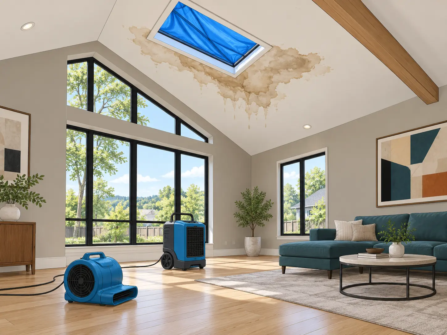 Living room ceiling with water stain under a tarped skylight