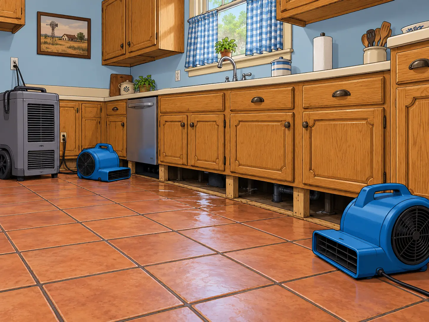 Kitchen cabinets with toe kicks removed and drying equipment