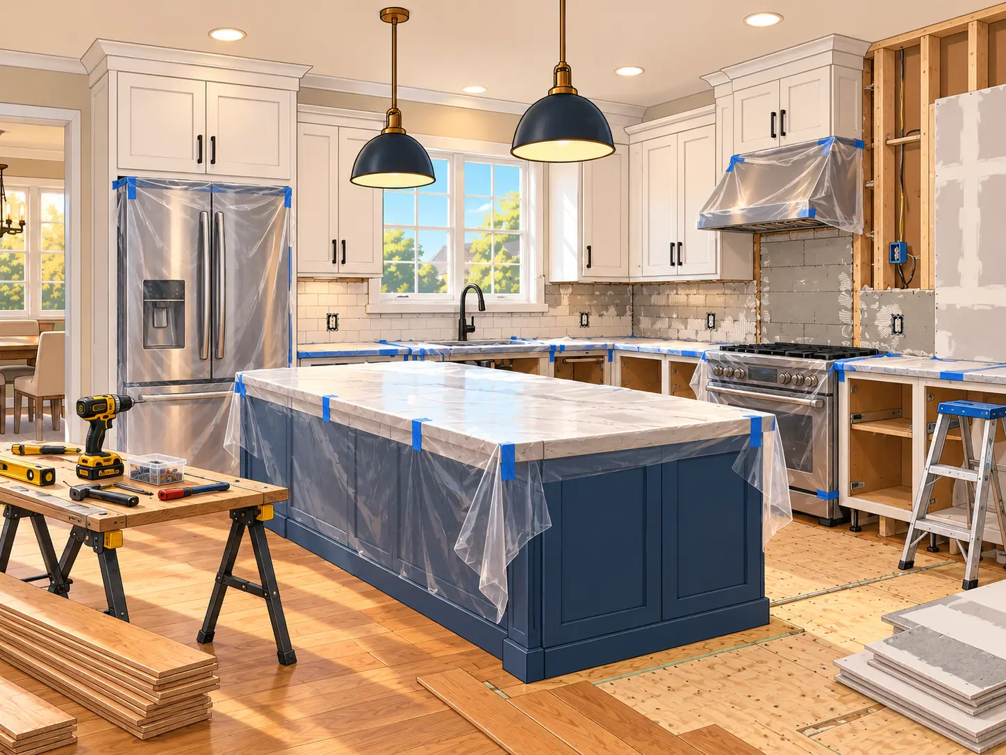 Kitchen reconstruction in progress with cabinets and island protected in plastic, new flooring and drywall going in