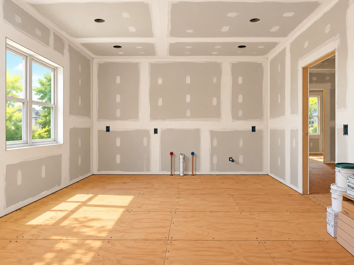 Drywall hung and floated, ready for texture