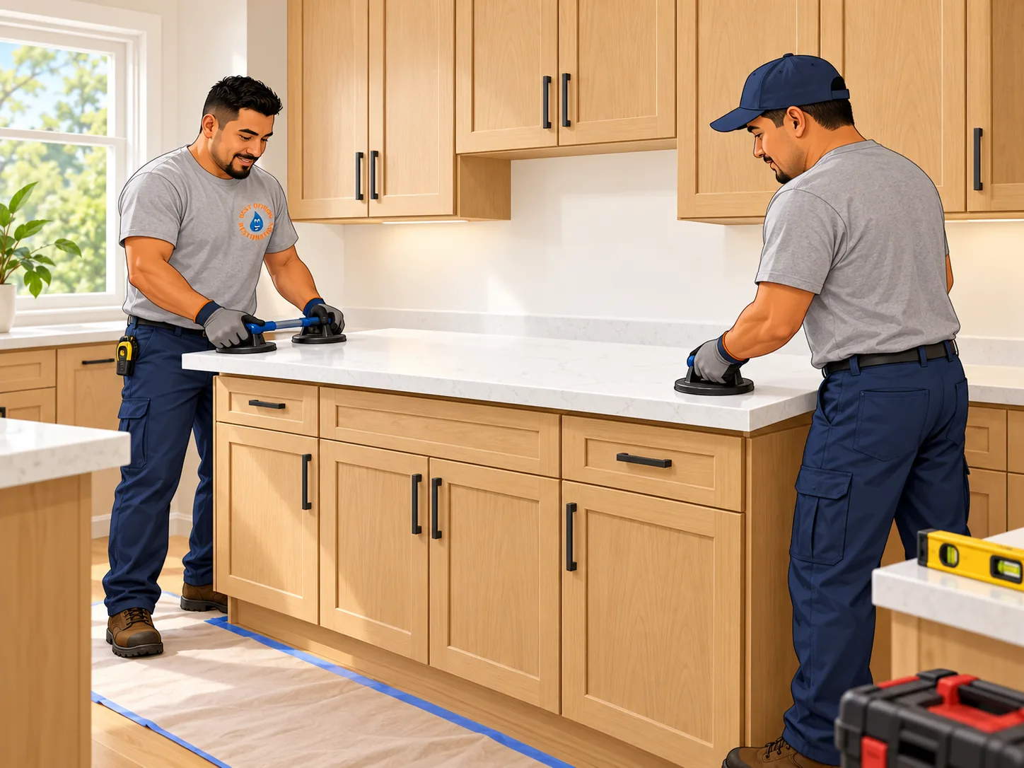 Crew installing new cabinetry and countertop
