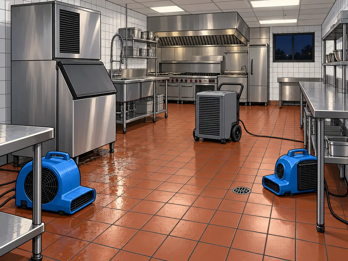Commercial kitchen floor with drying equipment after hours