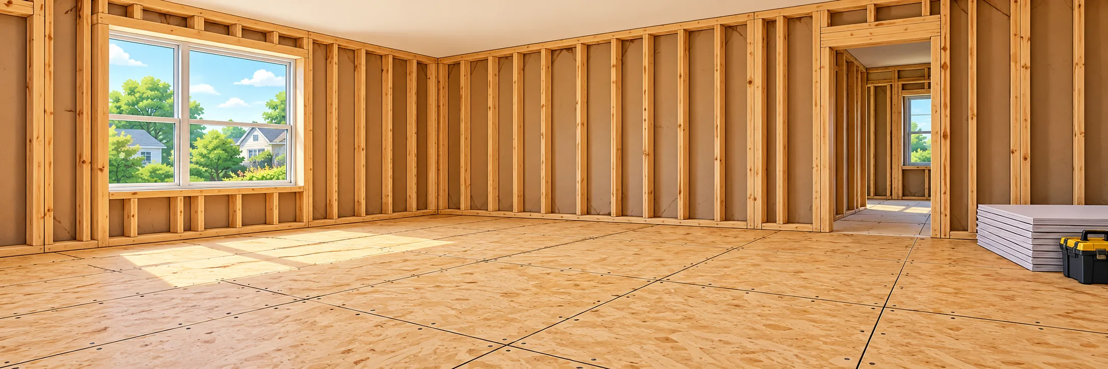 Open wall framing with new subfloor installed, ready for drywall