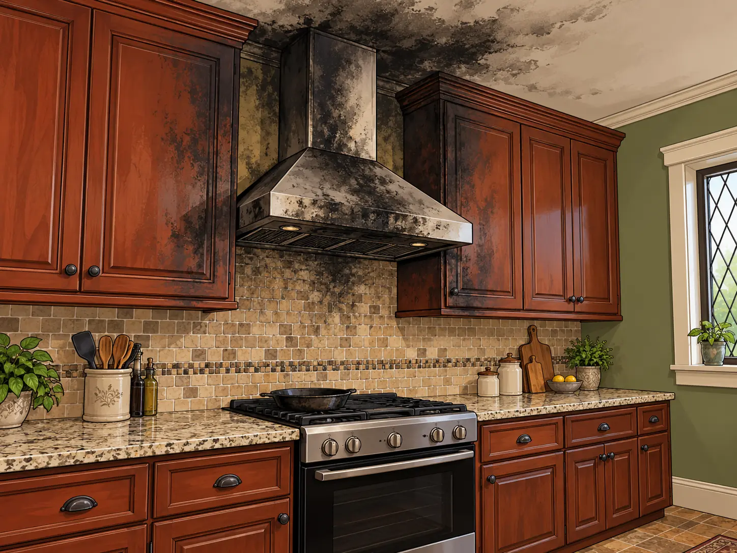 Smoke-stained kitchen hood and cabinets