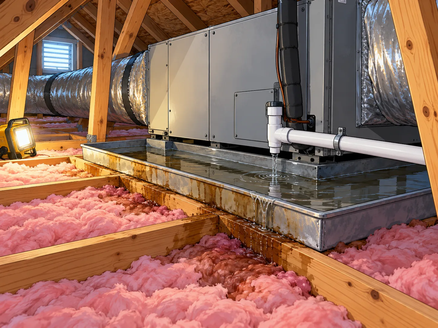 AC condensate pan overflowing onto attic insulation