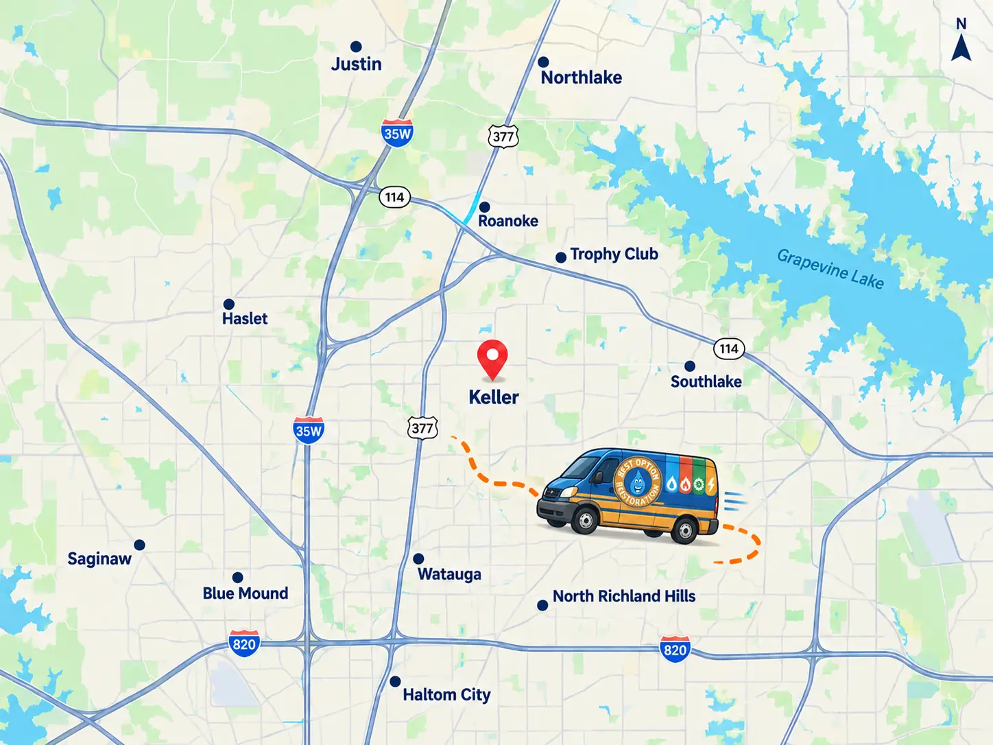 Service-area map centered on Keller, TX, showing Justin, Northlake, Roanoke, Trophy Club, Haslet, Southlake, Saginaw, Blue Mound, Watauga, North Richland Hills and Haltom City