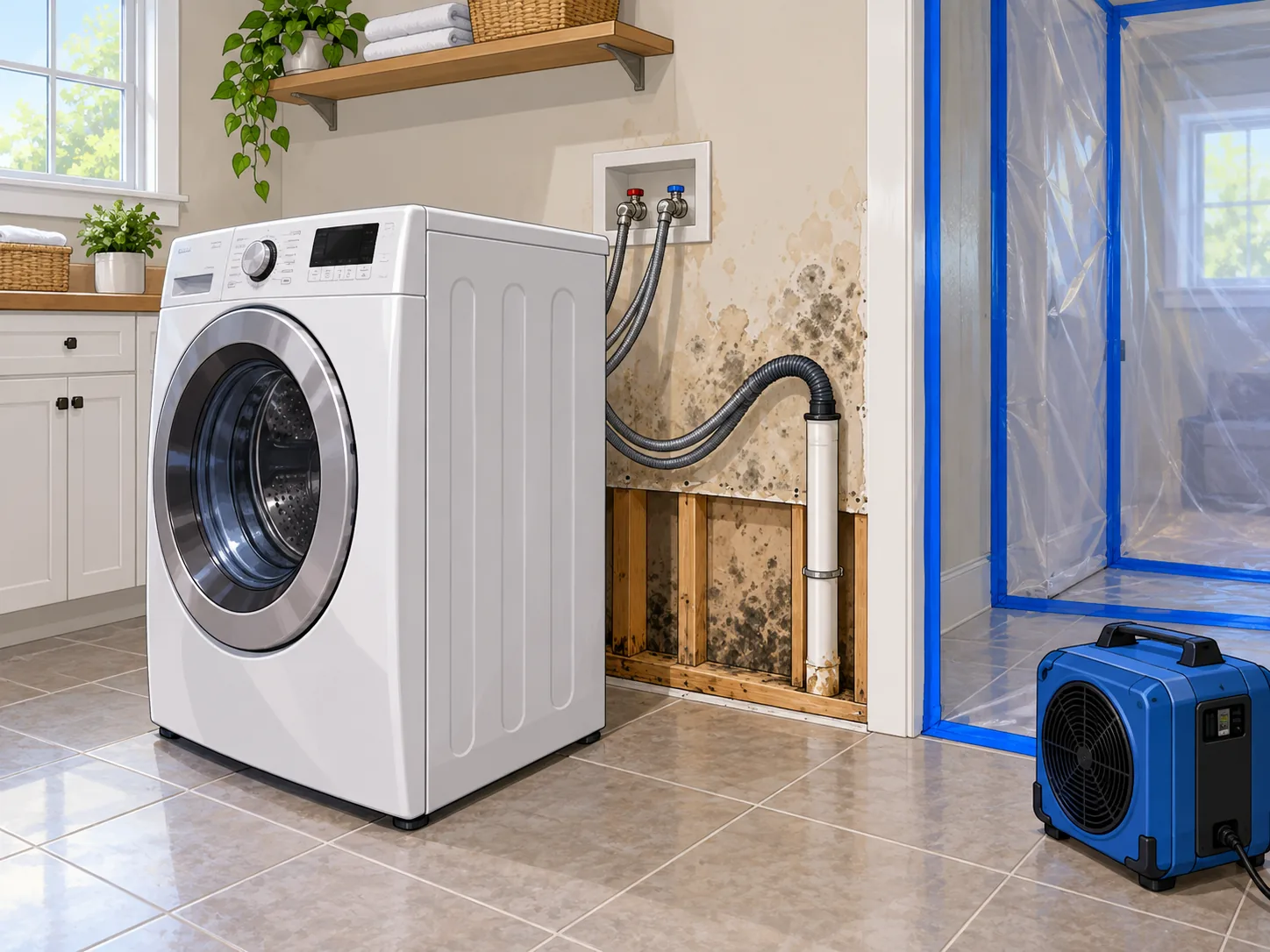Mold inside the wall behind a laundry washer with containment set up