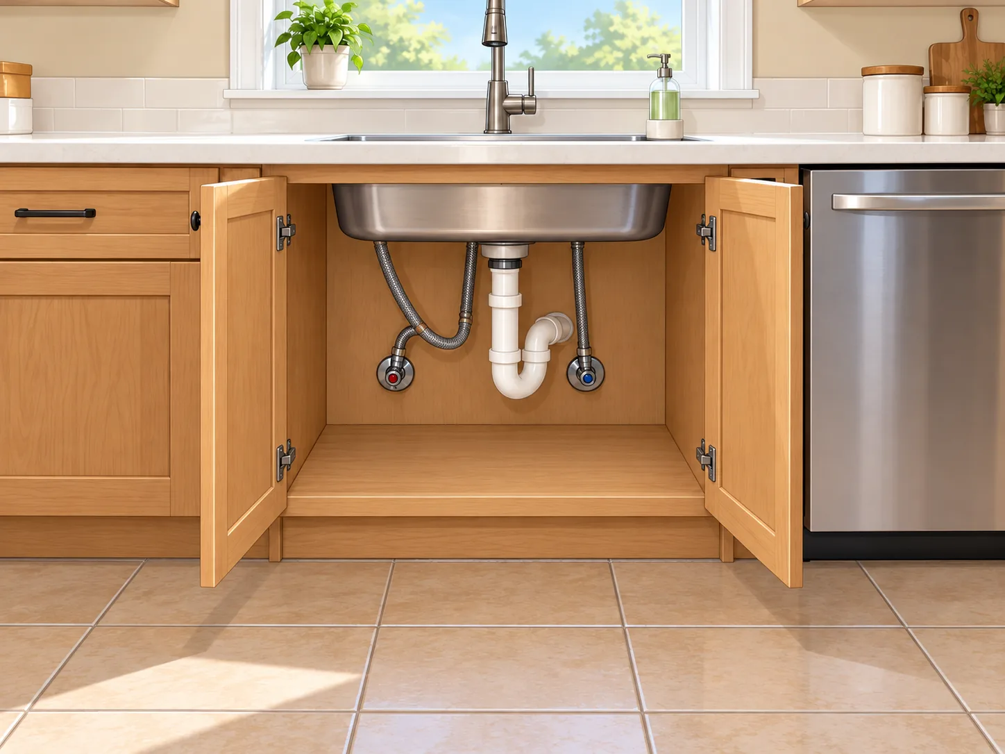 After: restored kitchen sink cabinet, dry and leak-free