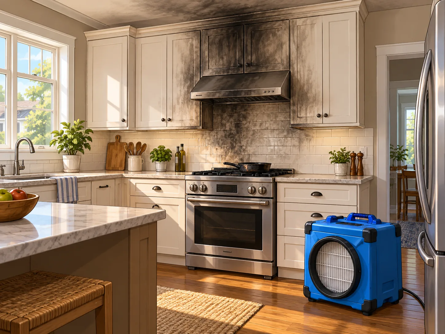 Soot-stained kitchen cabinets after a small stovetop fire