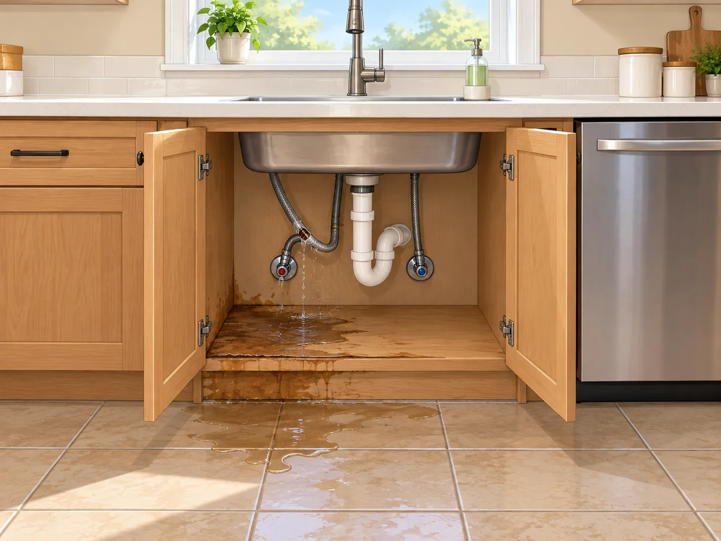 Before: leaking kitchen sink supply line with water on the cabinet floor and tile
