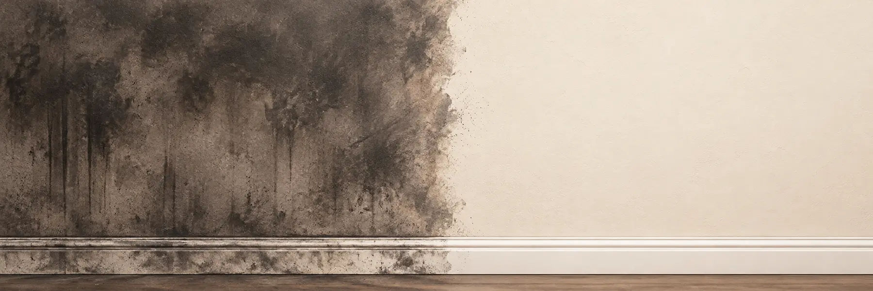 Wall with soot residue on the left half and cleaned paint on the right half