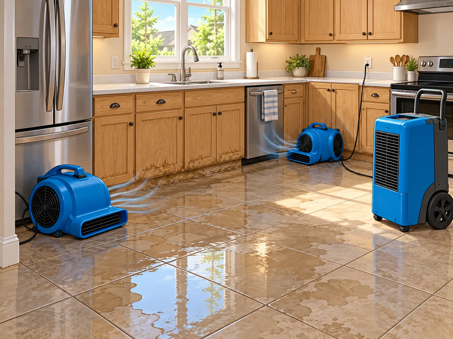 Air movers and a dehumidifier drying a flooded kitchen floor