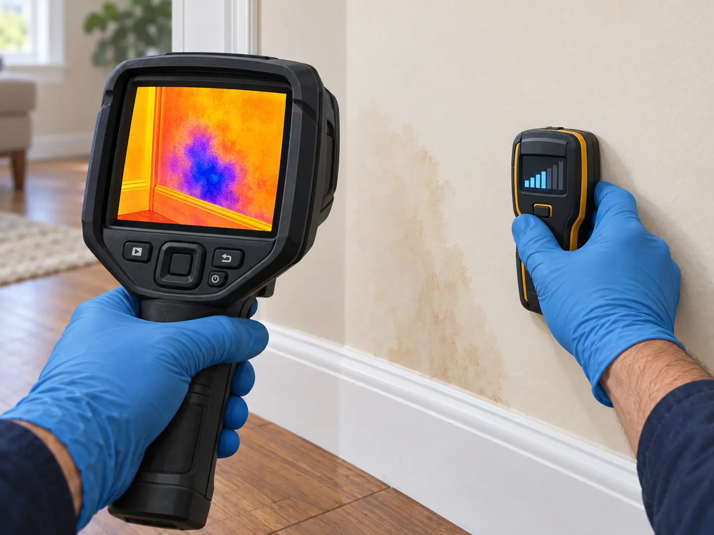 Technician scanning a water-stained wall with a thermal camera and moisture meter