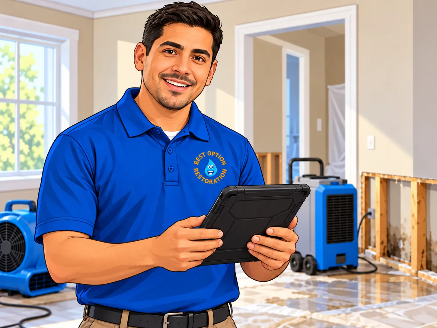 Best Option Restoration technician holding a tablet with drying equipment and flood-cut walls behind him