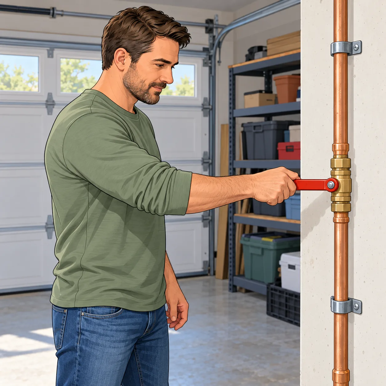 Homeowner closing the main water shutoff valve in the garage