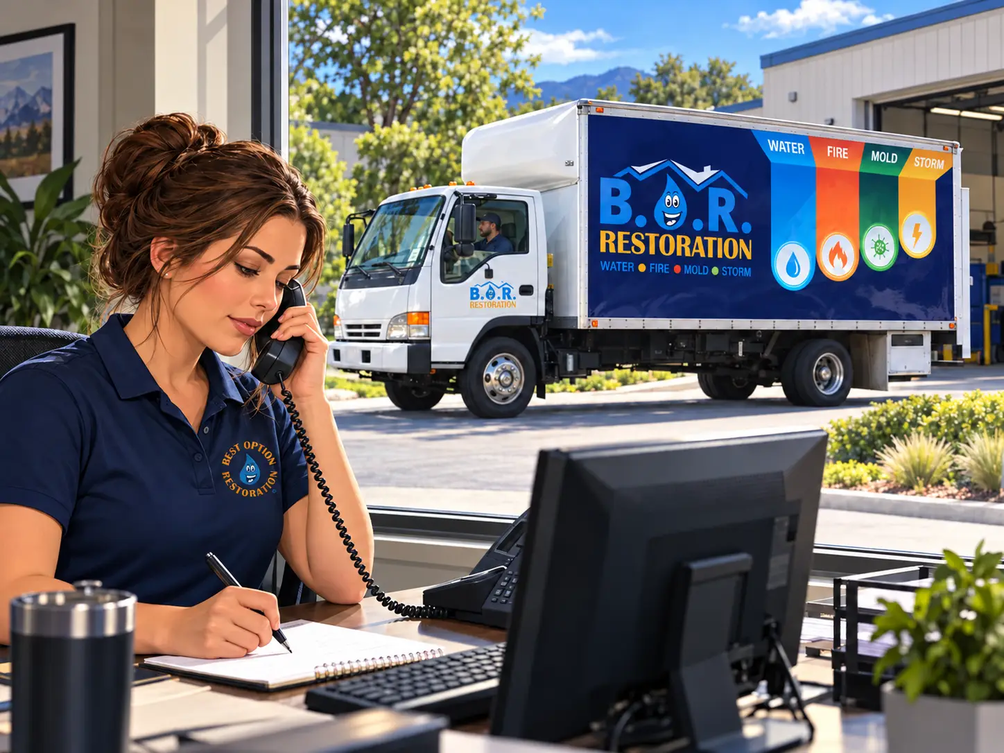 B.O.R. Restoration dispatcher taking an emergency call as a crew truck rolls out