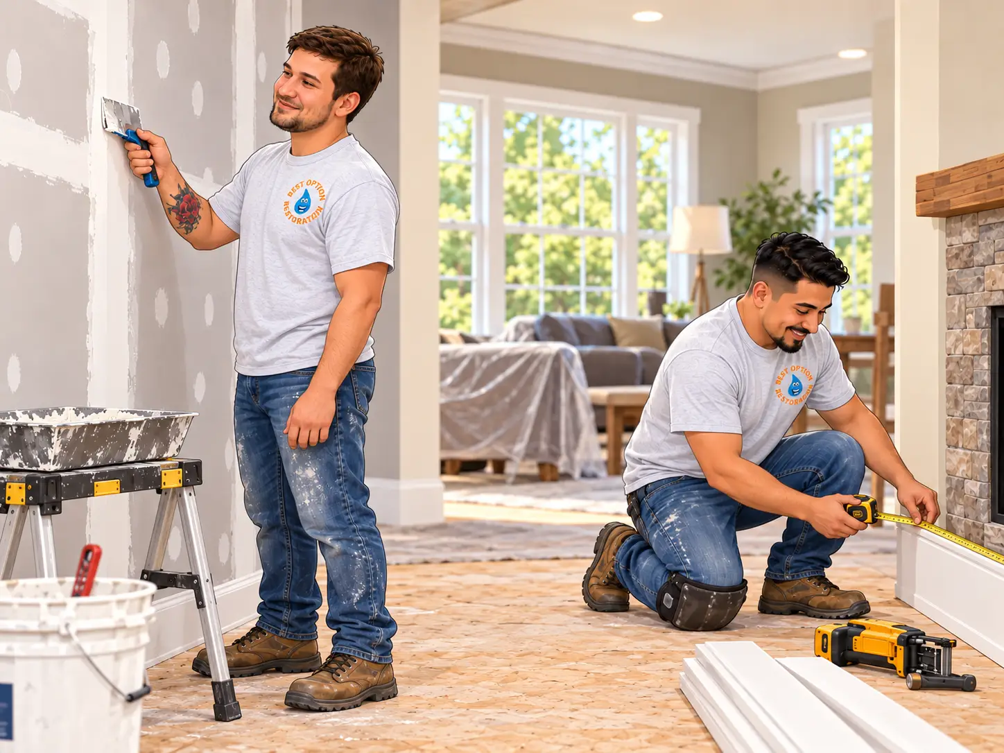Best Option Restoration crew mudding new drywall and measuring for baseboard trim